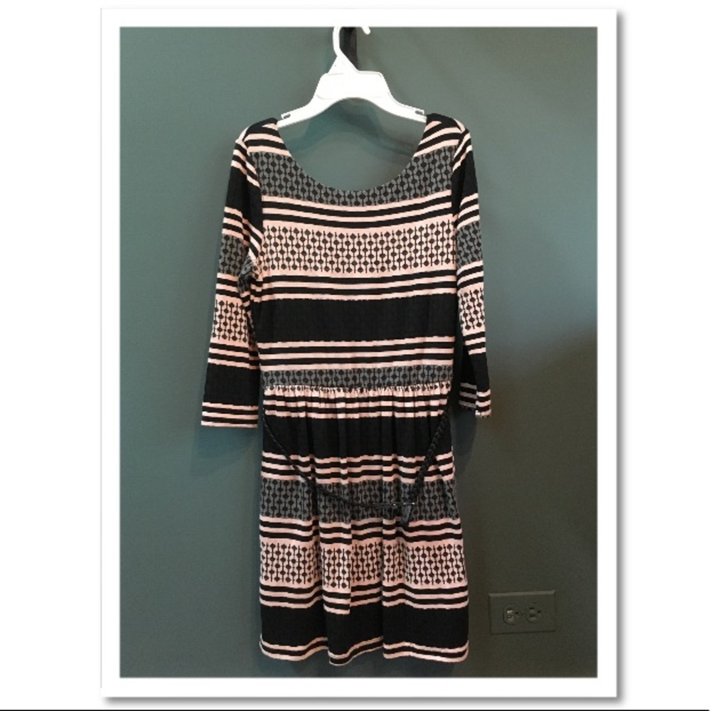 Pink and Black Patterned Dress with Braided Belt